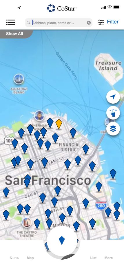Map — white interface 3D, bottom nav hidden